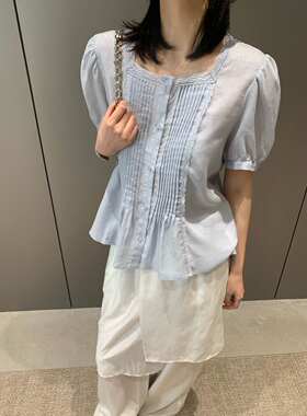 特价卡蔓浅之夏QZX10899夏款方领蕾丝拼接衬衫宽松压褶泡泡短袖