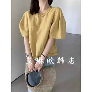 女 3.28 浅之夏QZX10136夏季 木耳边领后系带甜美苎麻短袖 衬衫