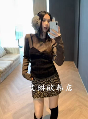土布鱼7609冬季新款复古圈圈豹纹毛呢半身裙女羊羔毛加厚A字短裙