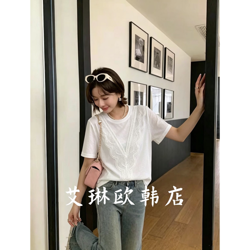7500欧货蕾丝花边宽松短袖T恤
