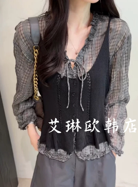 26136格子衬衫针织背心两件套装