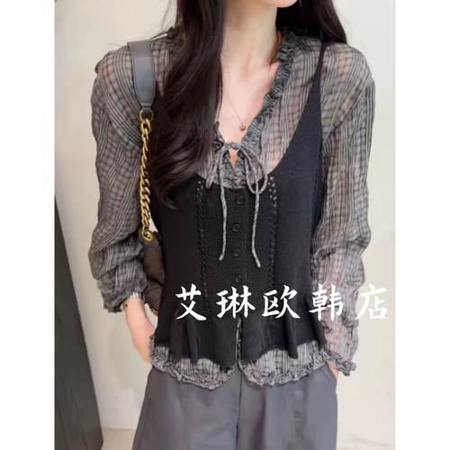 26136格子衬衫针织背心两件套装