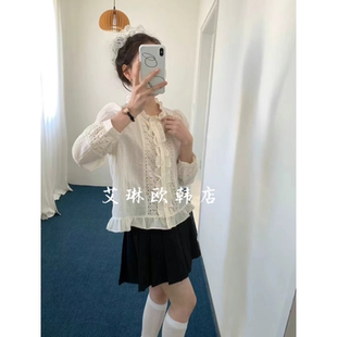 衬衫 福利不退 木耳边立领钩花镂空长袖 88013春季 气质上衣甜美 新款