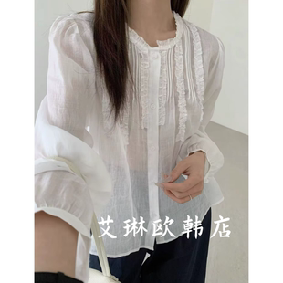 防晒女 衬衫 3.22土布鱼7682夏款 韩系圆领木耳边压皱温柔风苎麻长袖
