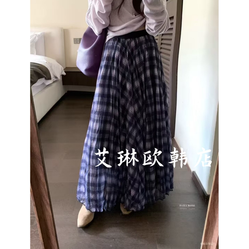 8527松紧腰网纱格子半身裙女