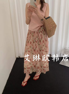 4.26~土布鱼7903夏装新款气质温柔风松紧腰压褶垂感碎花半身裙