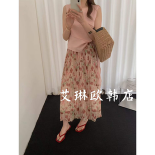 4.26~土布鱼7903夏装新款气质温柔风松紧腰压褶垂感碎花半身裙