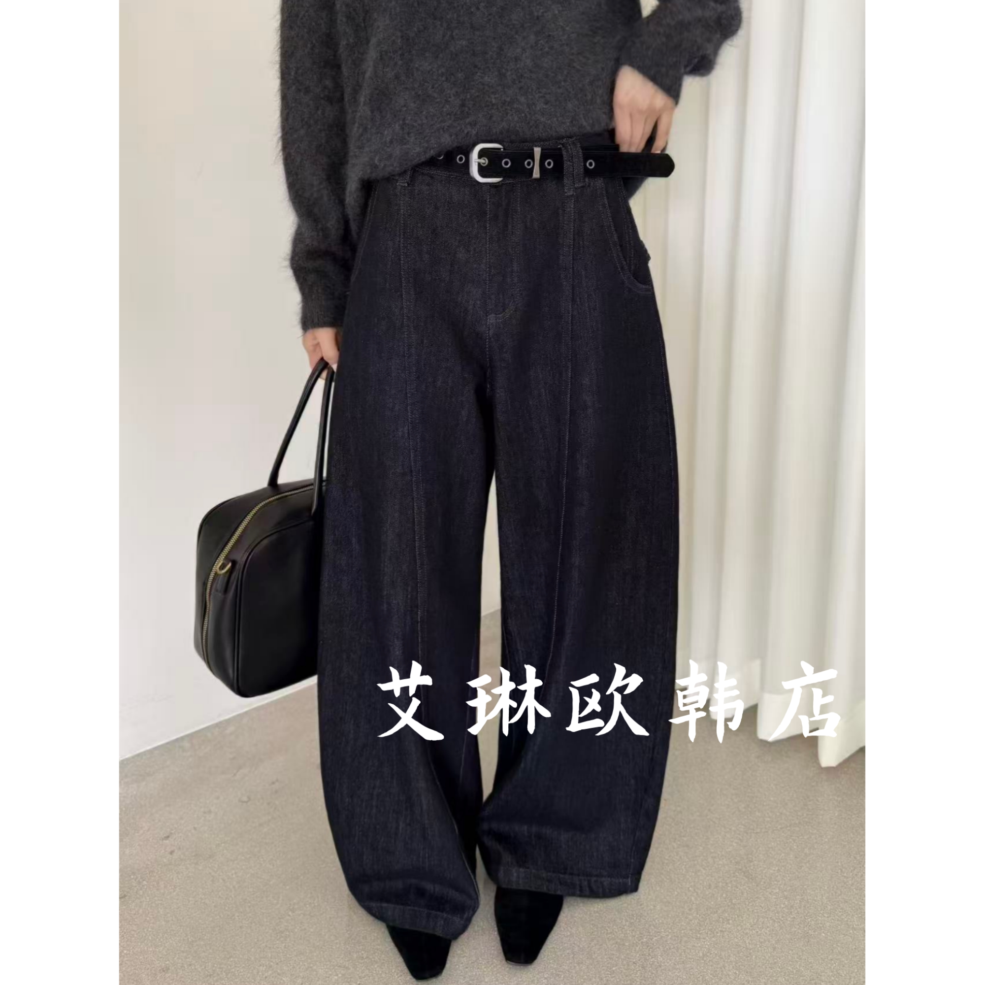 TOP68183-2秋冬新款配腰带高腰显瘦休闲百搭抓绒弯刀阔腿裤牛仔裤