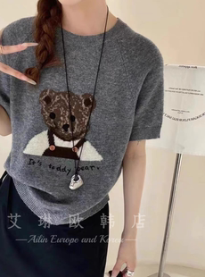 软糯打底上衣 秒杀 不退1231韩国秋季 卡通小熊提花羊毛针织衫 女短袖