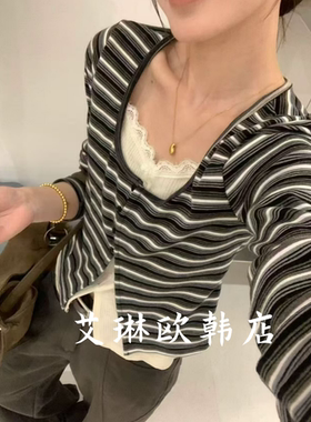 26132假两件条纹拼接蕾丝长袖T恤