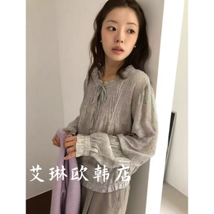 miluroom sicily米鹿80519秋款小清新花边系带碎花蕾丝长袖衬衫女