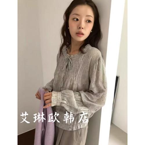 sicily米鹿80519秋碎花蕾丝衬衫