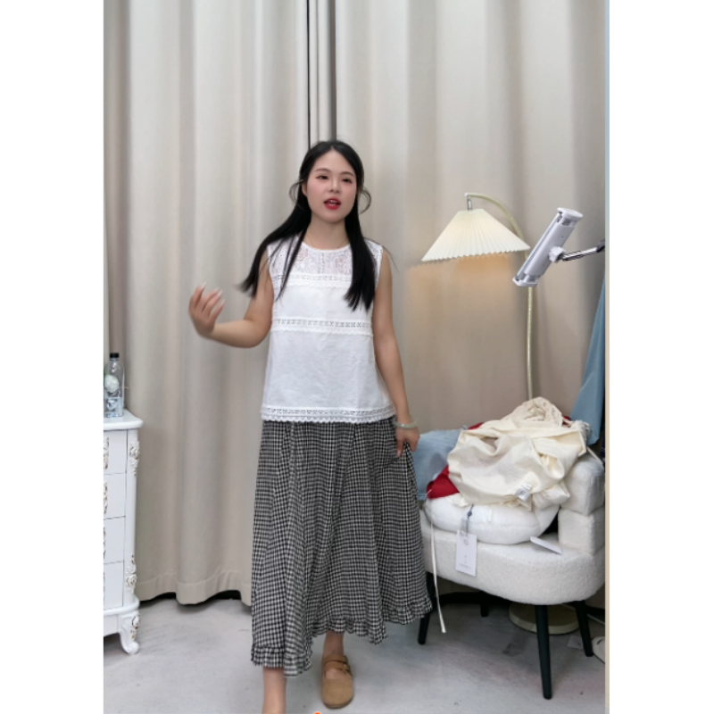 米鹿9031夏款格子荷叶边半身裙女
