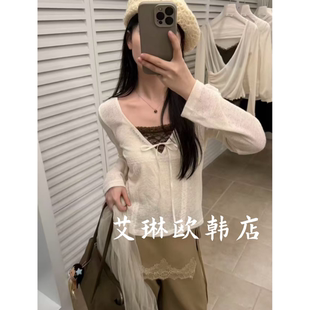 新袖26709秋款纯欲风V领系带拼蕾丝假两件细针织衫打底女