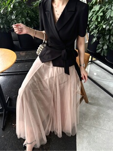 特价不退A2662女夏装时尚显瘦短袖西装上衣+松紧腰半身裙两件套装