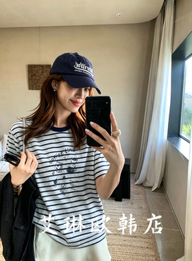 4.20~1769夏装新款欧货字母印花条纹圆领莱赛尔亚麻短袖T恤女