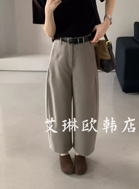 福利卡蔓enxi20589韩系腰带显瘦九分羊毛休闲裤女秋季百搭弯刀裤