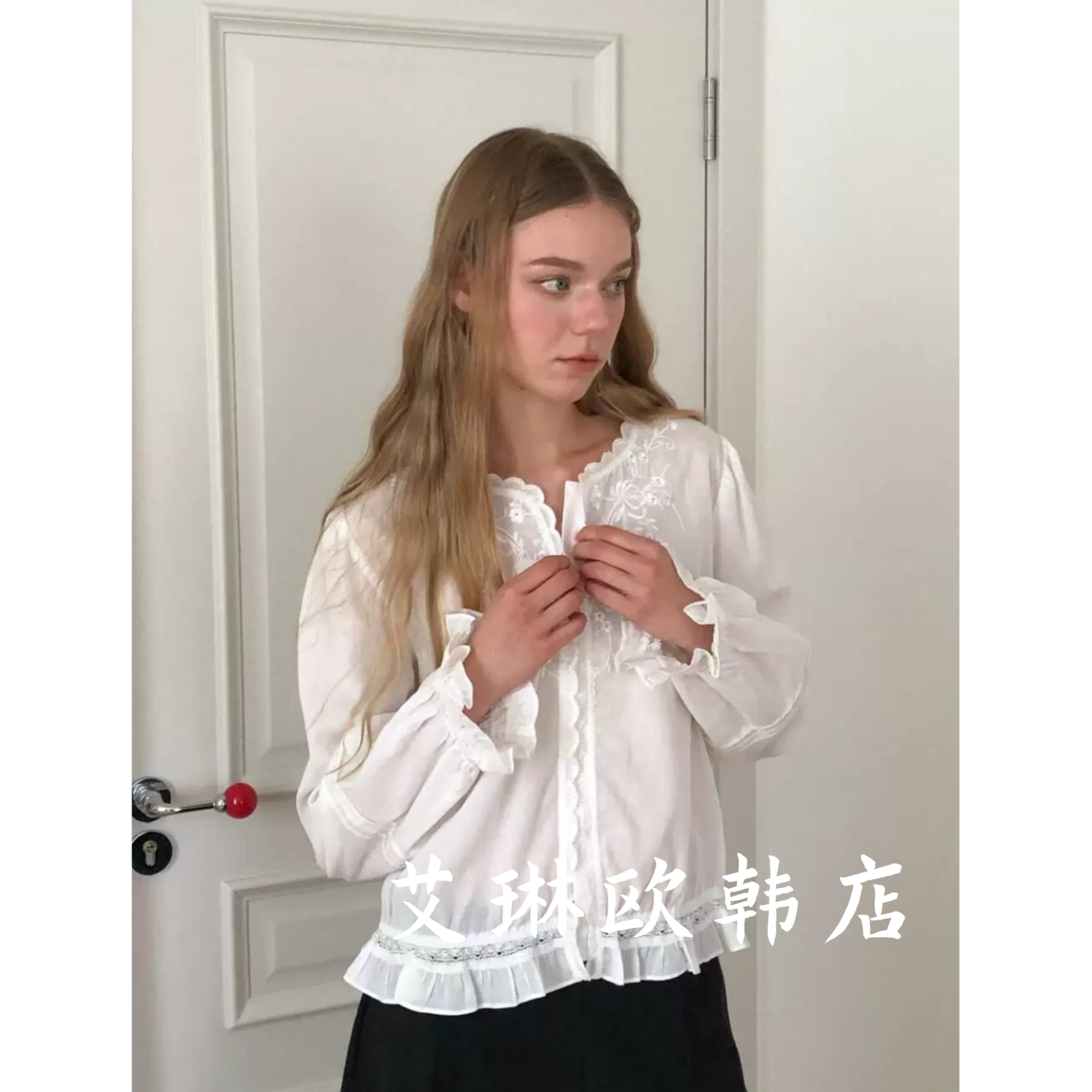 miluroom sicily米鹿80532早秋新款韩系重工刺绣木耳边长袖衬衫女