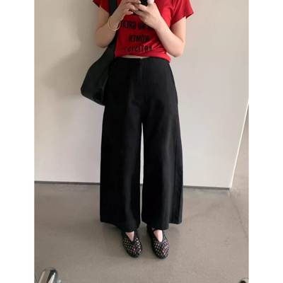福利不退卡蔓诗韩标30517-1秋韩系高腰直筒阔腿裤天丝棉麻休闲裤