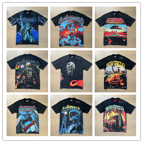 跨境外贸美式高街Godspeed复古水洗做旧金属摇滚男女宽松大码短袖