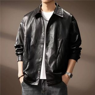 高端日系复古老钱风翻领PU皮衣夹克男秋季新款机车风宽松痞帅外套