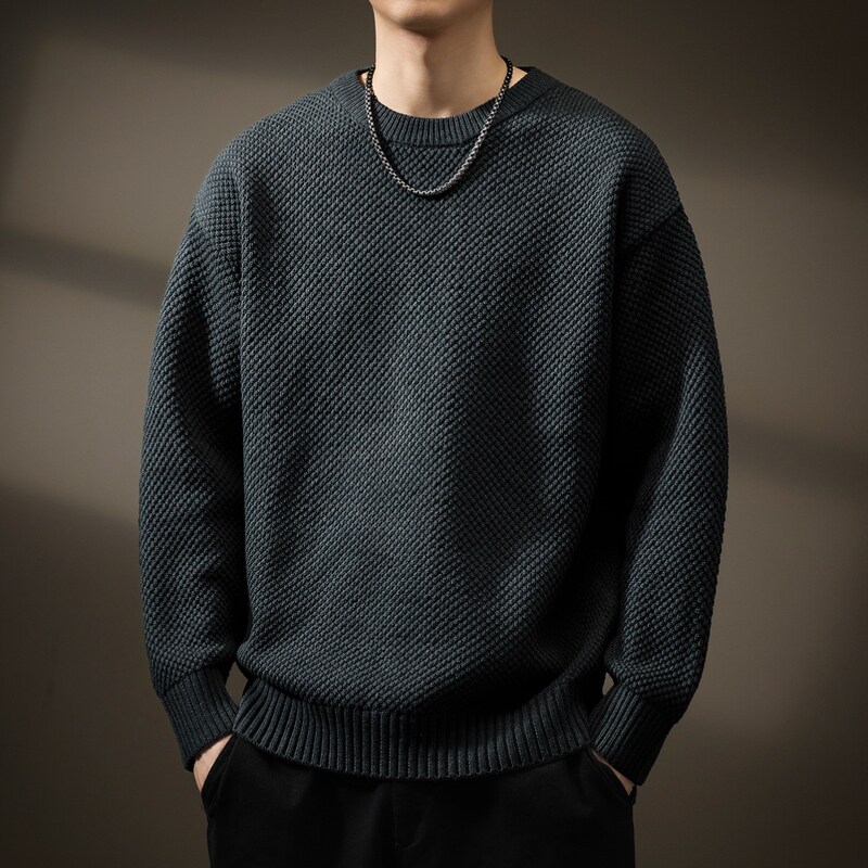 高端菠萝纹美式复古重磅毛衣男加厚圆领内搭秋季慵懒风加厚针织衫