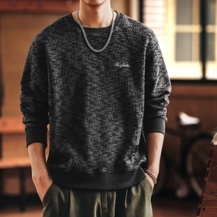 格蓝鹿美式复古毛呢圆领针织卫衣男士秋冬新款宽松刺绣打底衫上衣