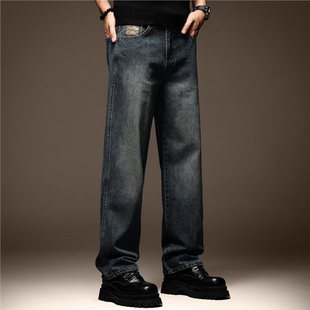 高端美式复古蓝色牛仔裤男潮牌休闲秋季加绒阔腿宽松直筒大码裤子