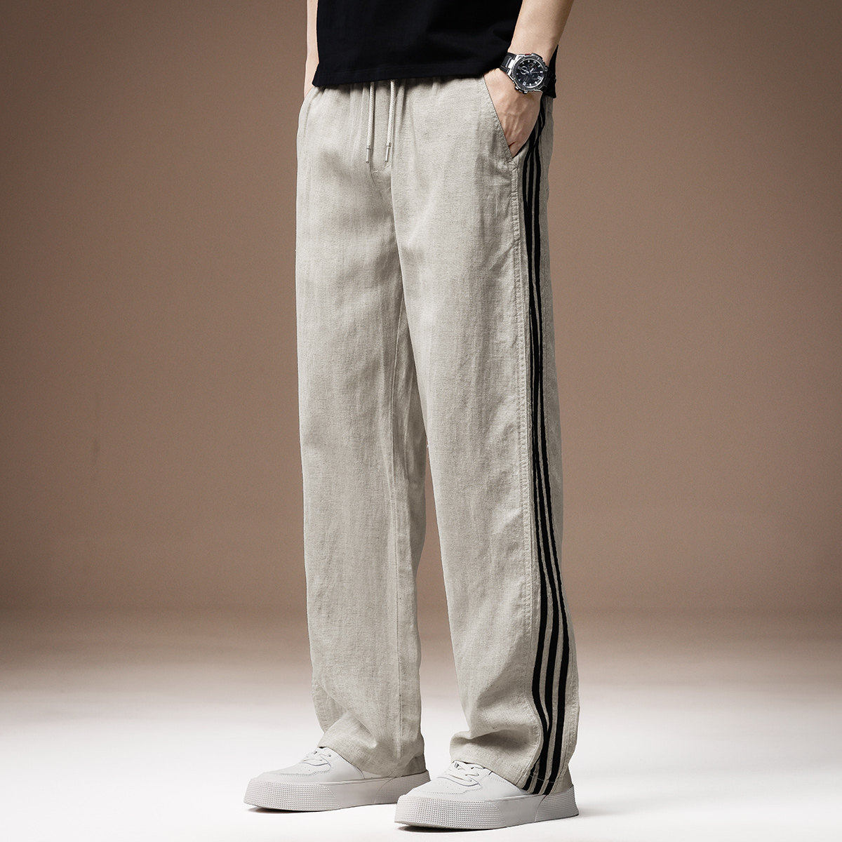 高端亚麻直筒速干休闲裤男士春秋新款莱赛尔天丝宽松三条杠裤子男