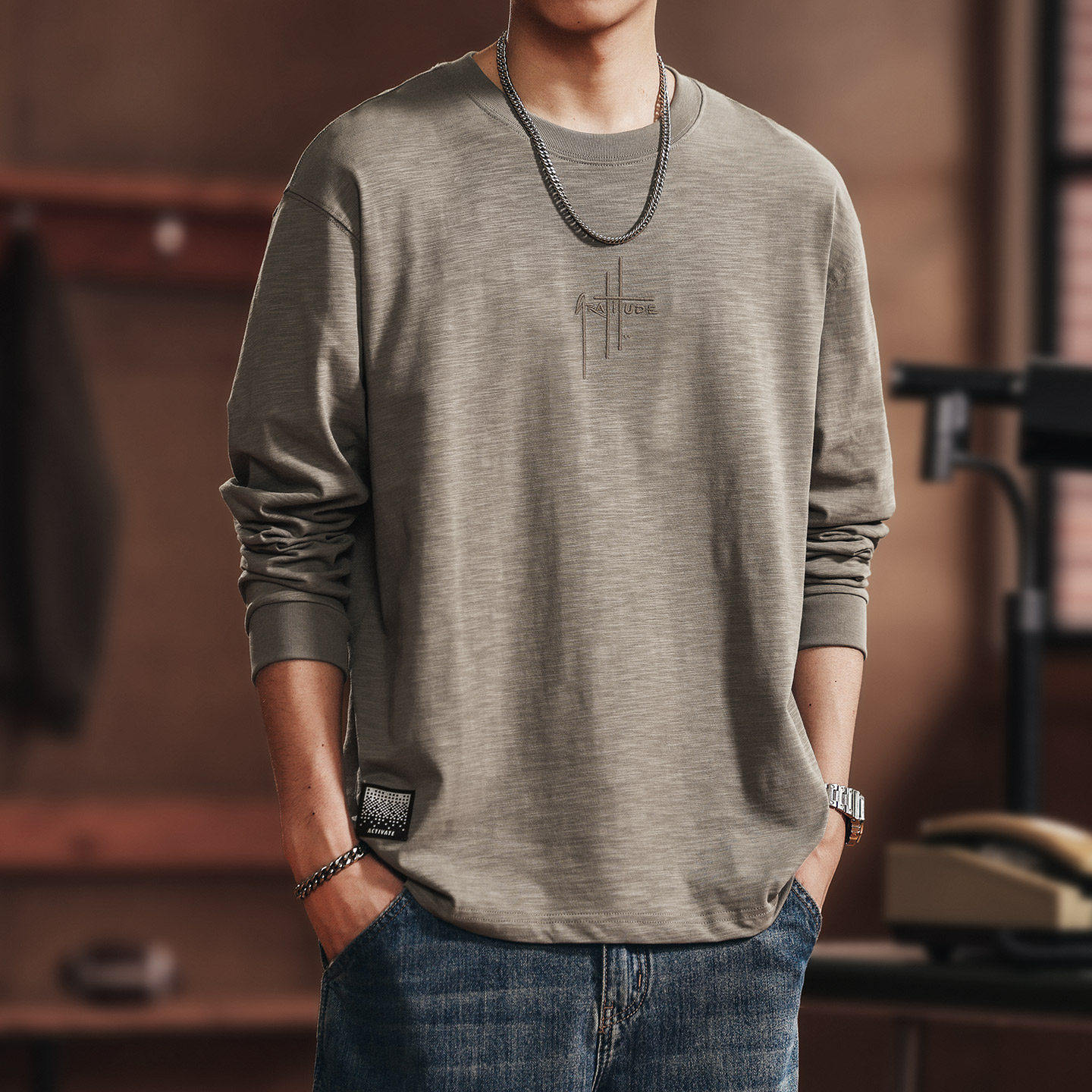 格蓝鹿高端日系新款竹节棉刺绣长袖T恤男款2026春秋宽松纯棉上衣