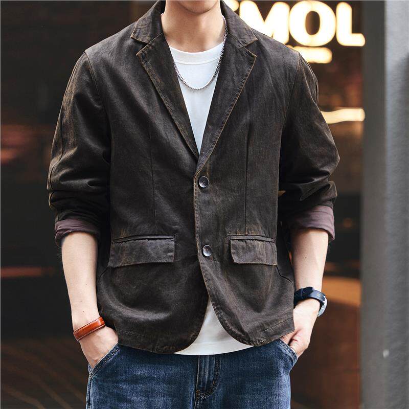 格蓝鹿2026春秋高级感水洗西装外套男士新款宽松做旧休闲西服夹克
