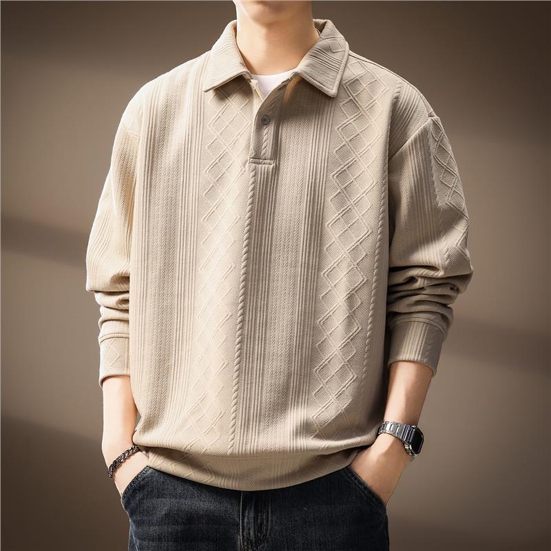 高端法式菱形格提花长袖针织衫男秋季肌理感宽松翻领质感Polo衫男