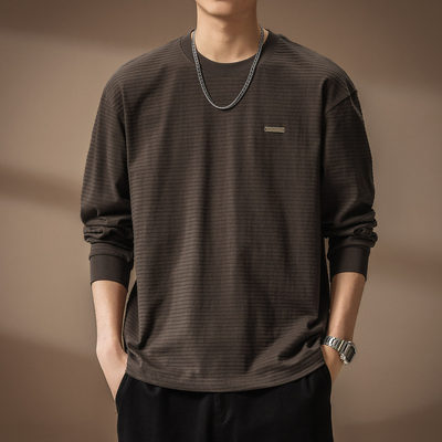 高端条纹肌理感长袖T恤男士春秋新款纯色圆领套头打底衫百搭上衣