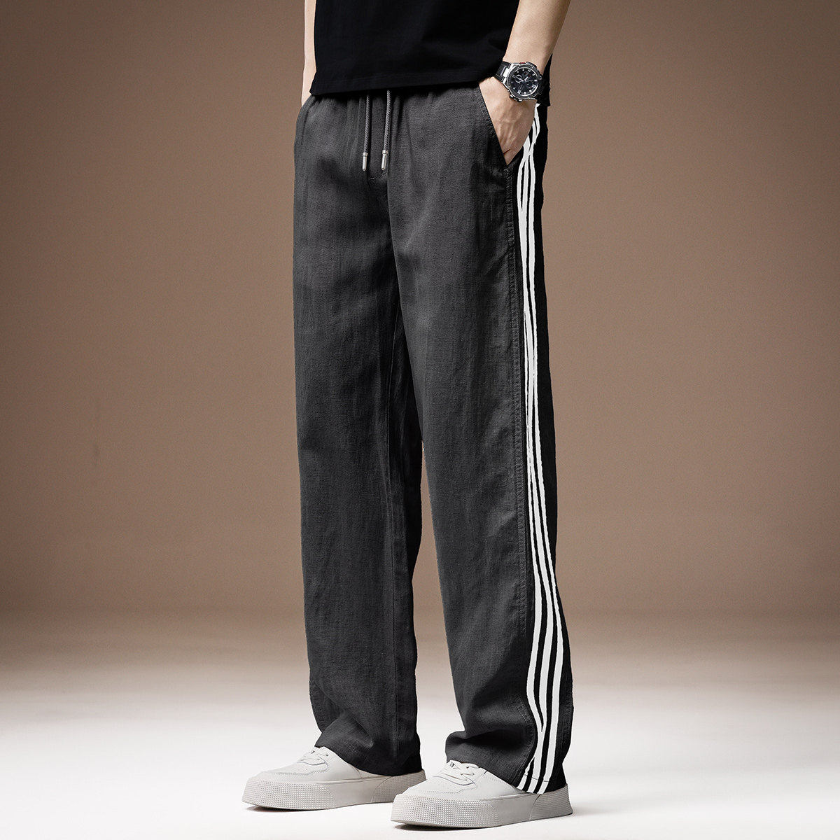 高端亚麻三条杠速干休闲裤男士春秋新款直筒莱赛尔轻薄宽松裤子男