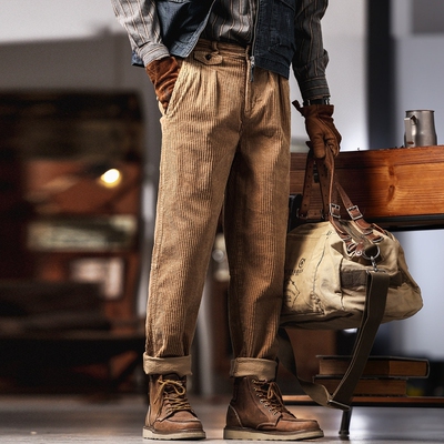 格蓝鹿美式复古重磅灯芯绒休闲裤男秋季潮牌宽松直筒工装休闲裤子
