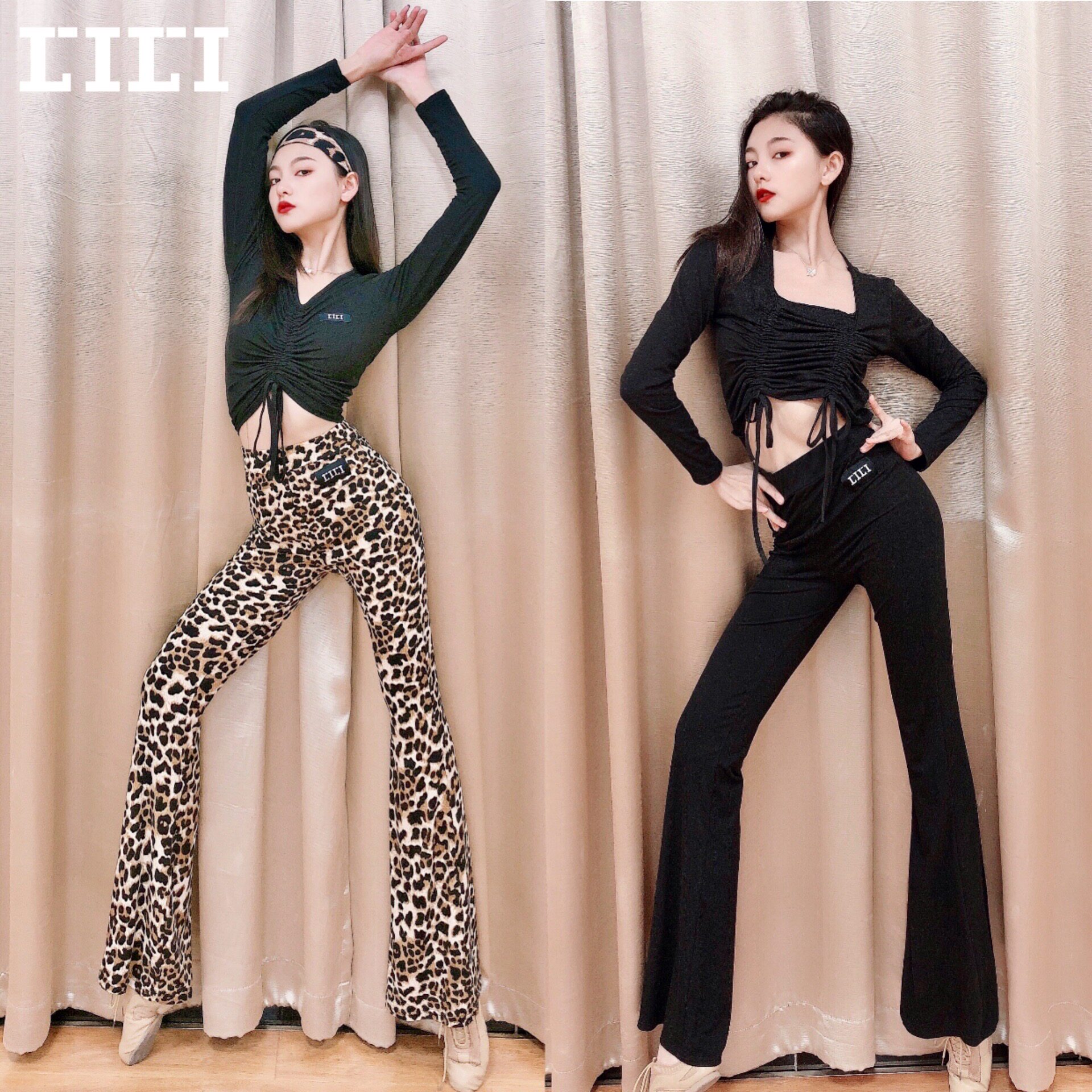 lili舞服 拉丁舞爵士女练功服豹纹喇叭裤性感显瘦巨显腿长裤子k02