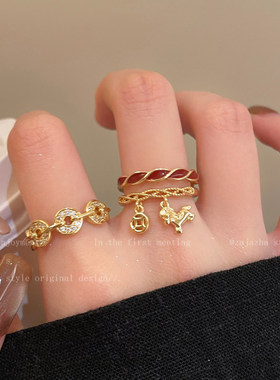 金色小马铜钱开口戒指本命年