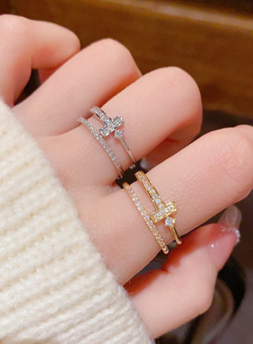 日韩轻奢T字母满钻双层开口戒