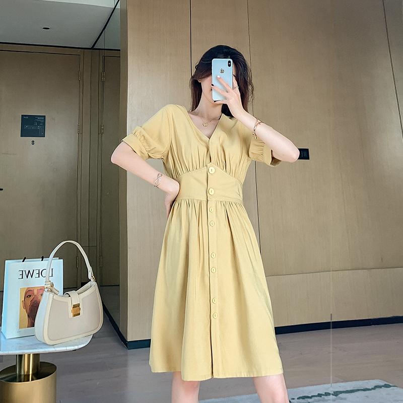 黄色短袖法式甜美短款收腰连衣裙