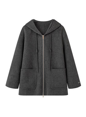 MM麦麦2025秋冬款连帽拉链羊毛呢灰色双面呢大衣外套女4GA171531