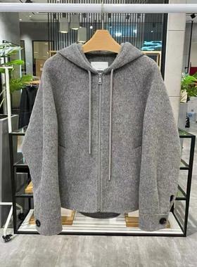 商场同款正品速发2025冬新百搭宽松灰色毛呢大衣连帽外套女7057