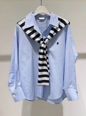 送披肩MM麦麦2026春季新款蓝色休闲亚麻+棉衬衫女上衣4H3120631Q
