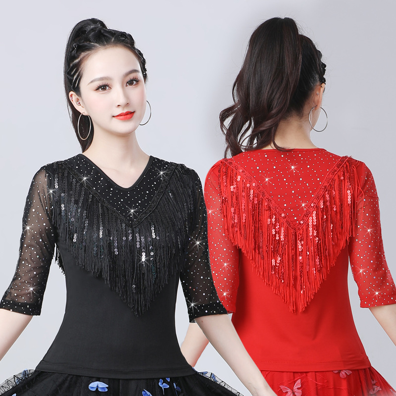 2025春夏新款广场舞服装中袖跳舞上衣女流苏亮片拉丁舞表演出