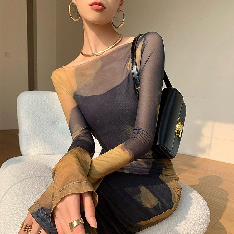 欧货高级感时髦印花网纱连衣裙女人味气质显身材修身性感包臀长裙
