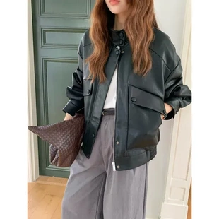 机车女外套皮衣秋季女拉链短款2025复古新款立领夹克棕色