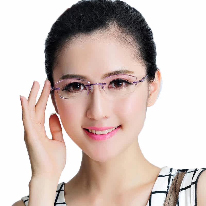 近视眼镜女款钻石切边镶钻无框眼镜气质纯钛眼镜框渐变色镜片