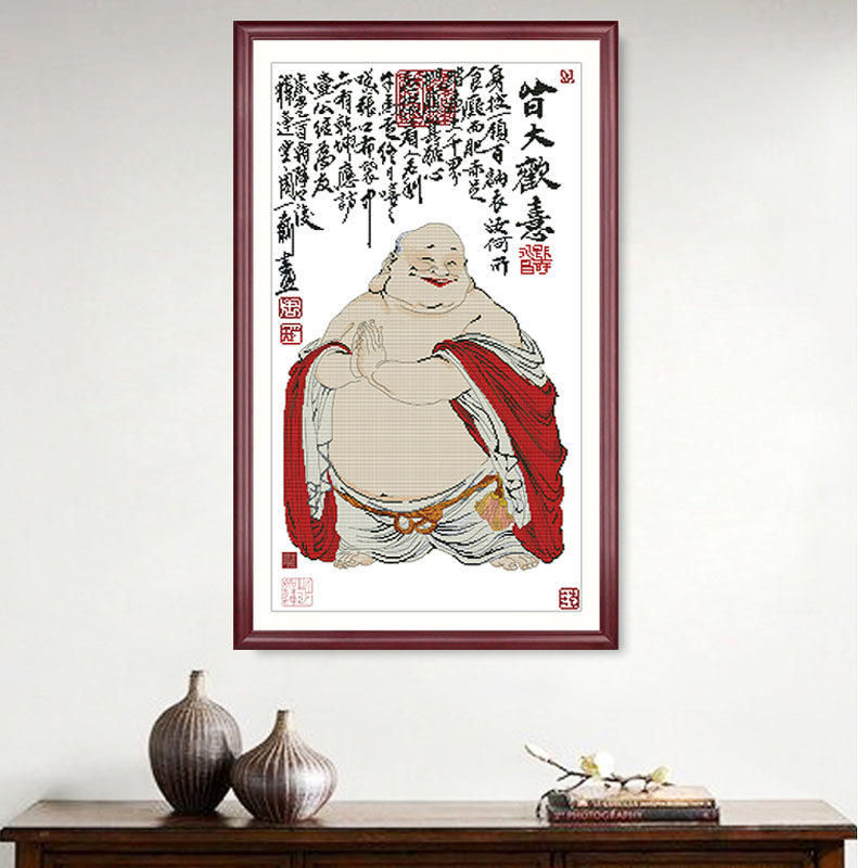 弥勒佛十字绣笑口常开佛像客厅新款2022玄关小件简单手工自绣线绣