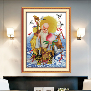 寿星公贺寿图十字绣印花新款客厅中堂卧室挂画仙鹤吉祥鹿喜庆线绣
