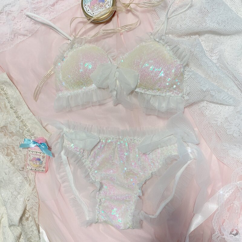 日系人鱼姬性感亮片少女薄款小胸蕾丝蝴蝶结网眼无钢圈文胸套装