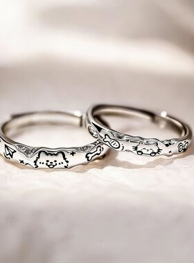 S999足银小猫小狗情侣对戒轻奢甜美纯银戒指情人节礼物送男女朋友